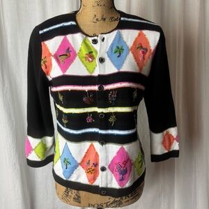 Vintage Just B Cardigan Sweater Cocktail Tropical Beaded Sz S Black Pink White